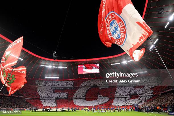 General view inside the stadium as FC Bayern Munich fans form a TIFO reading "FCB", prior to the UEFA Champions League round of 16 leg two match...