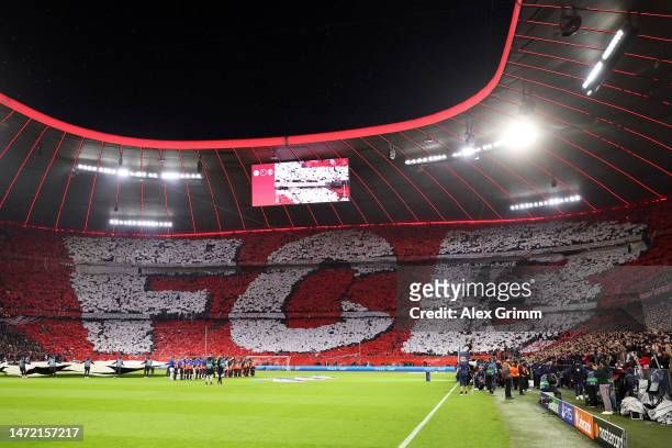 General view inside the stadium as FC Bayern Munich fans form a TIFO reading "FCB", prior to the UEFA Champions League round of 16 leg two match...