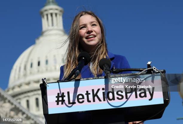 Rebekah Bruesehoff, a transgender student athlete, speaks at a press conference on LGBTQI+ rights, at the U.S. Capitol on March 08, 2023 in...