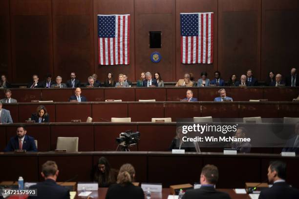 Members of the House Foreign Affairs Committee listens to testimony at the U.S. Capitol on March 08, 2023 in Washington, DC. The Committee held the...