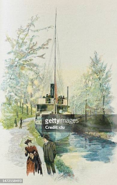 journey through sweden, steamer in the göta canal - steamboat stock illustrations