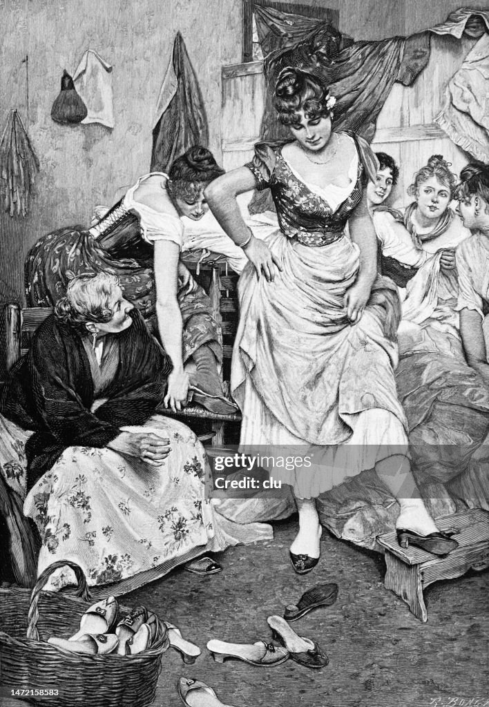Young woman Fitting of new shoes, young woman surrounded by female counselors