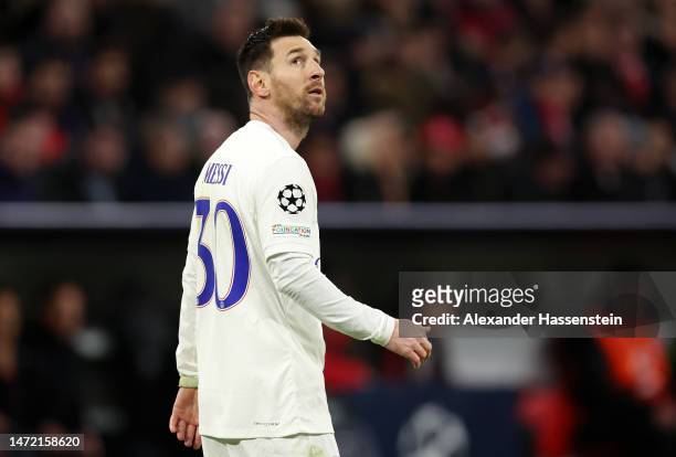Lionel Messi of Paris Saint-Germain looks on during the UEFA Champions League round of 16 leg two match between FC Bayern München and Paris...