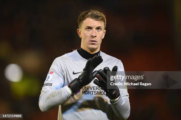 Matt Macey of Portsmouth in action during the Sky Bet League One between Barnsley and Portsmouth at Oakwell Stadium on March 07, 2023 in Barnsley,...