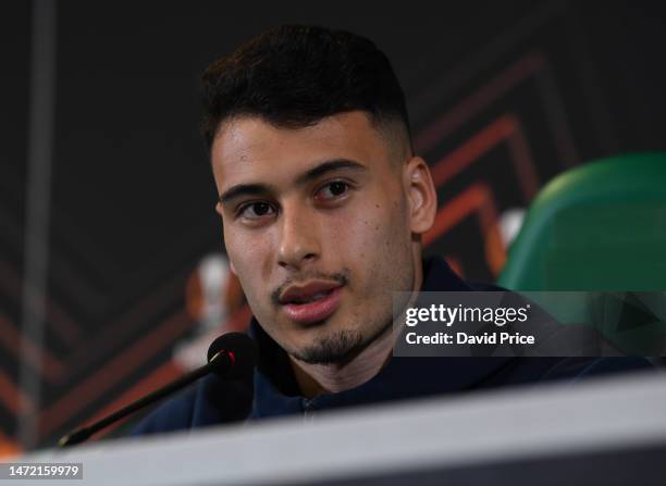 Gabriel Martinelli of Arsenal speaks to the press ahead of their UEFA Europa League round of 16 leg one match against Sporting CP at Estádio José...