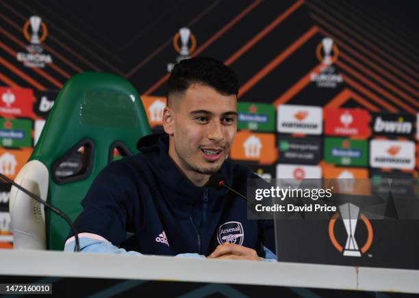 Gabriel Martinelli of Arsenal speaks to the press ahead of their UEFA Europa League round of 16 leg one match against Sporting CP at Estádio José...