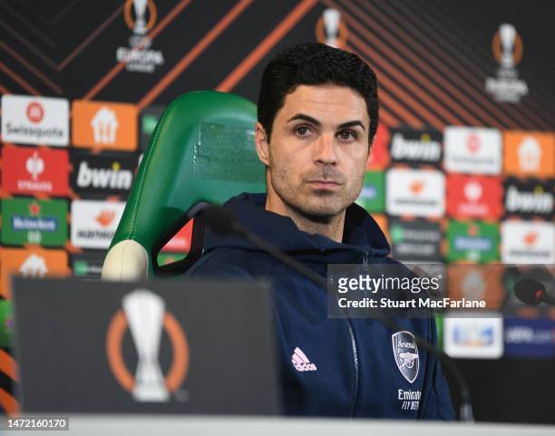 Arsenal manager Mikel Arteta attends a press conference at Estadio Jose Alvalade on March 08, 2023 in Lisbon, Portugal.