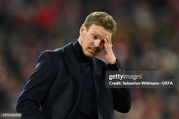 Julian Nagelsmann, Head Coach of FC Bayern Munich, reacts during the UEFA Champions League round of 16 leg two match between FC Bayern München and...