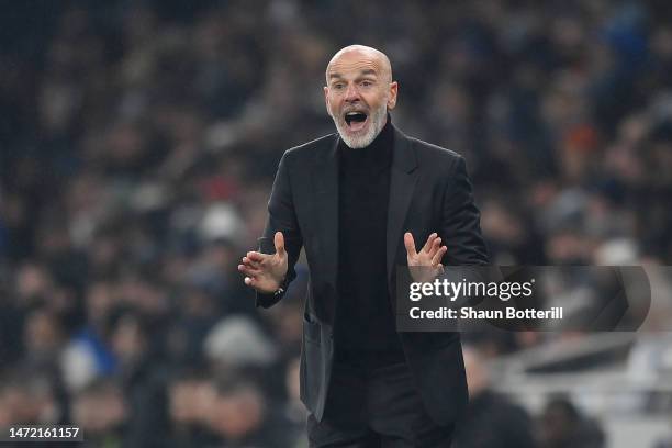 Stefano Pioli, Head Coach of AC Milan, reacts during the UEFA Champions League round of 16 leg two match between Tottenham Hotspur and AC Milan at...