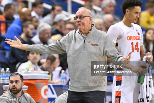 Head coach Jim Boeheim of the Syracuse Orange reacts during the second half of their game against the Wake Forest Demon Deacons in the second round...