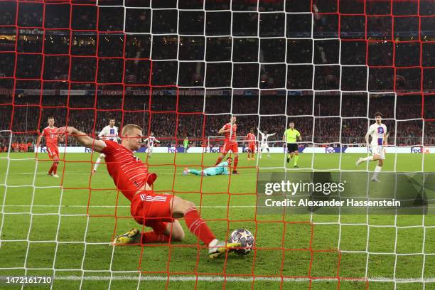 Matthijs de Ligt of FC Bayern Munich clears the ball off the line during the UEFA Champions League round of 16 leg two match between FC Bayern...