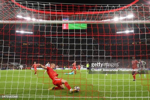Matthijs de Ligt of FC Bayern Munich clears the ball off the line during the UEFA Champions League round of 16 leg two match between FC Bayern...