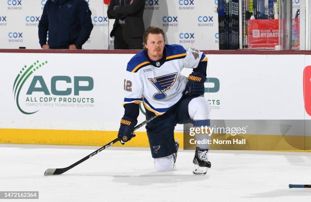 Kasperi Kapanen of the St Louis Blues prepares for a game against the Arizona Coyotes at Mullett Arena on March 07, 2023 in Tempe, Arizona.