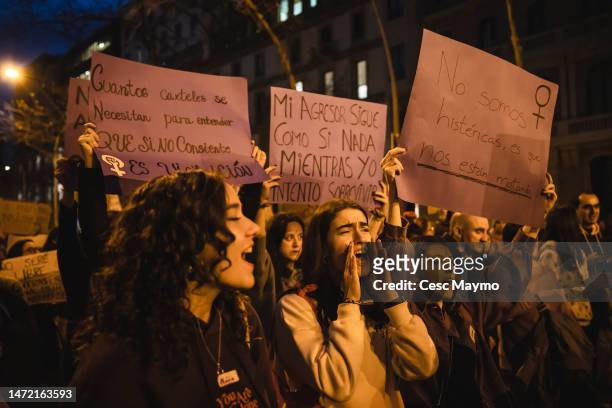 Thousands of people demonstrate in the center of Barcelona during International Women's Day on March 08, 2023 in Barcelona, Spain. International...