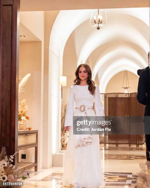 In this handout photo issued by The Royal Hashemite Court, Her Royal Highness Princess Iman attends the Henna party Her Majesty Queen Rania hosted to...