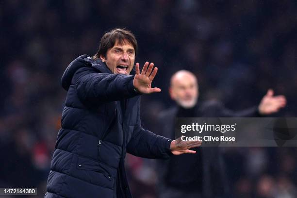 Antonio Conte, Manager of Tottenham Hotspur, reacts during the UEFA Champions League round of 16 leg two match between Tottenham Hotspur and AC Milan...