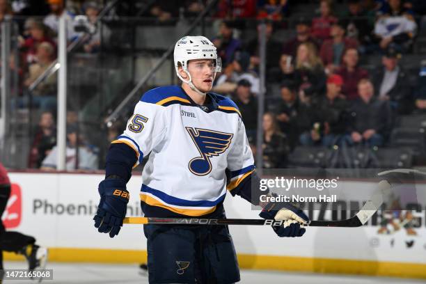 Jakub Vrana of the St Louis Blues skates up ice against the Arizona Coyotes at Mullett Arena on March 07, 2023 in Tempe, Arizona.