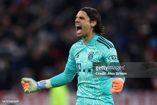 Yann Sommer of FC Bayern Munich celebrates after teammate Eric Maxim Choupo-Moting scores the team's first goal, which is later disallowed by VAR for...