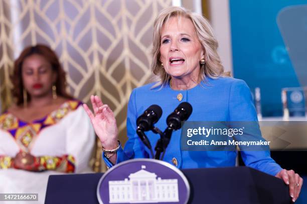 First lady Jill Biden speaks at the 17th annual International Women of Courage Award Ceremony in the East Room of the White House on March 08, 2023...