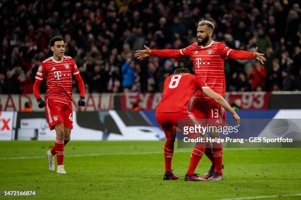 Eric Maxim Choupo-Moting of Munich celebrates with Leon Goretzka after scoring his team's first goal during the UEFA Champions League round of 16 leg...
