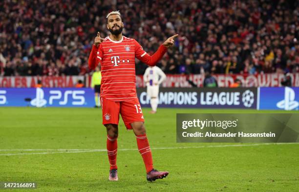 Eric Maxim Choupo-Moting of FC Bayern Munich celebrates after scoring the team's first goal during the UEFA Champions League round of 16 leg two...