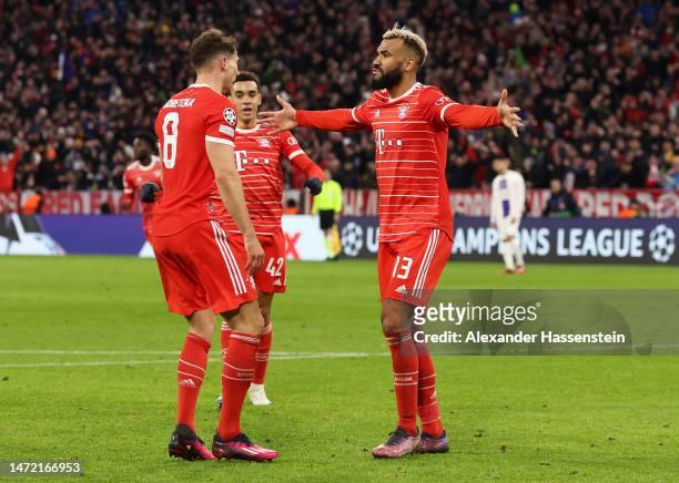 Eric Maxim Choupo-Moting of FC Bayern Munich celebrates with teammate Leon Goretzka after scoring the team's first goal during the UEFA Champions...
