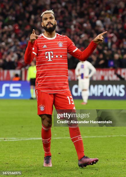 Eric Maxim Choupo-Moting of FC Bayern Munich celebrates after scoring the team's first goal during the UEFA Champions League round of 16 leg two...