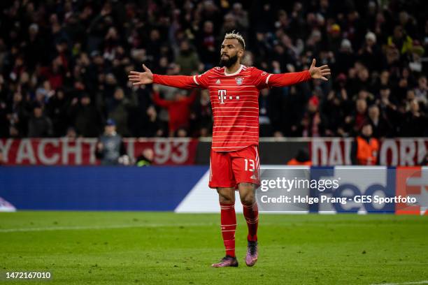 Eric Maxim Choupo-Moting of Munich celebrates after scoring his team's first goal during the UEFA Champions League round of 16 leg two match between...