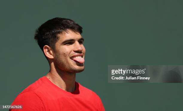 Carlos Alcaraz of Spain reacts in a practice session during the BNP Paribas Open on March 08, 2023 in Indian Wells, California.
