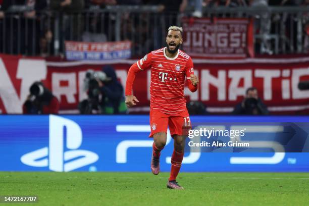 Eric Maxim Choupo-Moting of FC Bayern Munich celebrates after scoring the team's first goal during the UEFA Champions League round of 16 leg two...