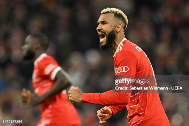 Eric Maxim Choupo-Moting of FC Bayern Munich celebrates after scoring the team's first goal during the UEFA Champions League round of 16 leg two...