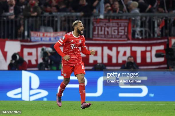 Eric Maxim Choupo-Moting of FC Bayern Munich celebrates after scoring the team's first goal during the UEFA Champions League round of 16 leg two...