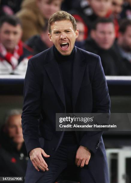 Julian Nagelsmann, Head Coach of FC Bayern Munich, reacts during the UEFA Champions League round of 16 leg two match between FC Bayern München and...