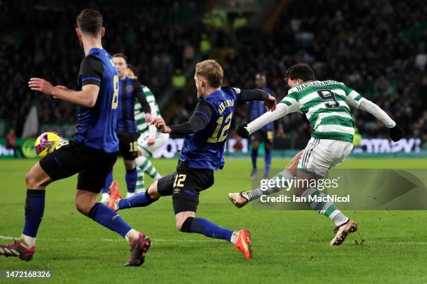 Sead Haksabanovic of Celtic scores the team's third goal during the Cinch Scottish Premiership match between Celtic FC and Heart of Midlothian at...