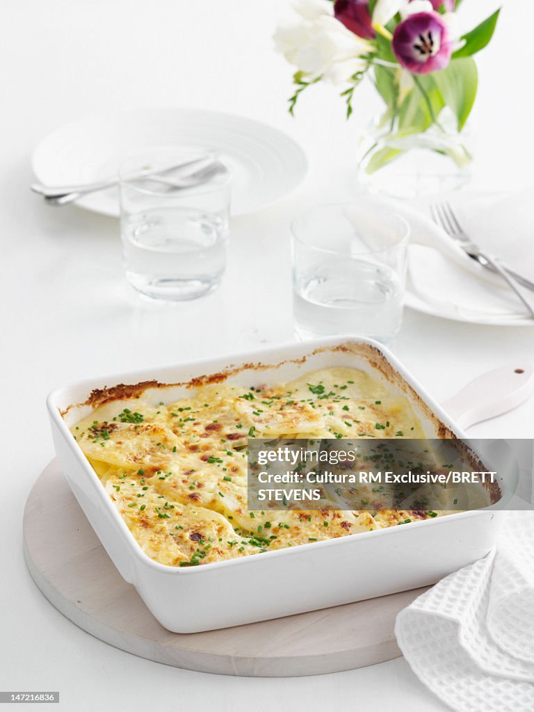 Baked casserole dish on table