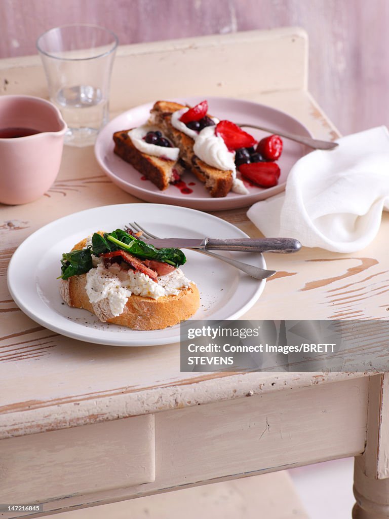 Plates of bread with toppings