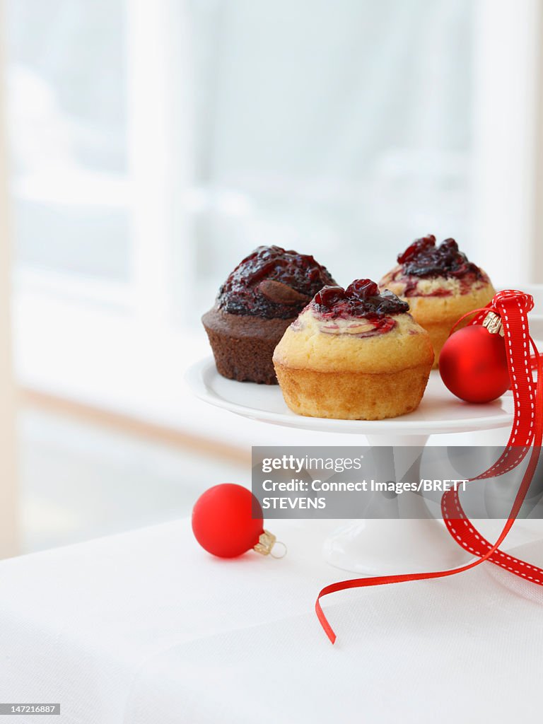 Various muffins on serving tray