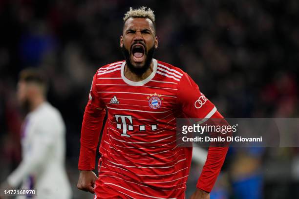 Eric Maxim Choupo-Moting of FC Bayern Muenchen celebrates after scoring the team's first goal during the UEFA Champions League round of 16 leg two...