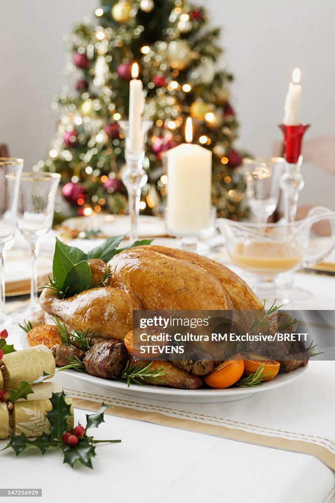 Roast chicken on Christmas dinner table