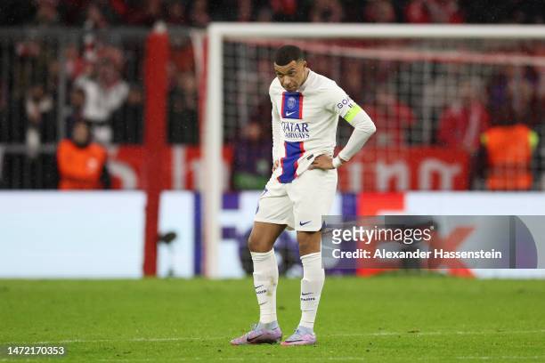 Kylian Mbappe of Paris Saint-Germain looks dejected during the UEFA Champions League round of 16 leg two match between FC Bayern München and Paris...