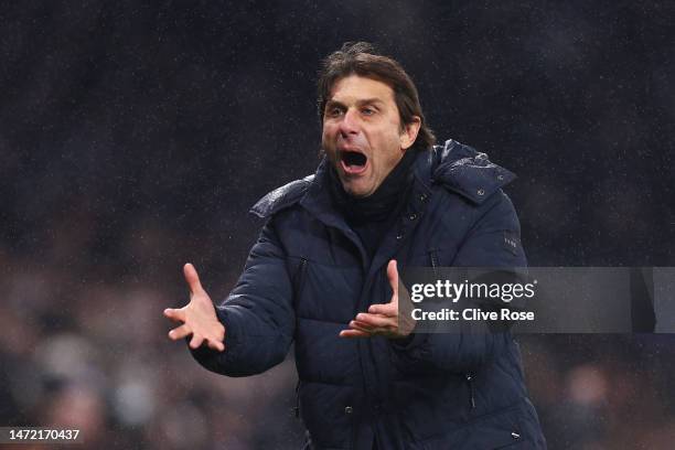Antonio Conte, Manager of Tottenham Hotspur, reacts during the UEFA Champions League round of 16 leg two match between Tottenham Hotspur and AC Milan...