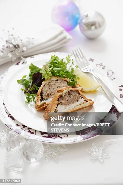 plate of baked meat pie with salad - terrine photos et images de collection