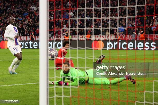 Serge Gnabry of FC Bayern Munich scores the team's second goal past Gianluigi Donnarumma of Paris Saint-Germain during the UEFA Champions League...