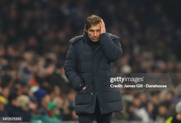 Antonio Conte the manager of Tottenham Hotspur reacts during the UEFA Champions League round of 16 leg two match between Tottenham Hotspur and AC...