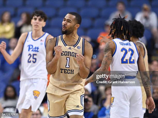 Kyle Sturdivant of the Georgia Tech Yellow Jackets reacts after being called for a foul against the Pittsburgh Panthers during the second half of...