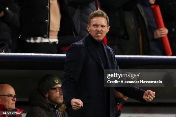 Julian Nagelsmann, Head Coach of FC Bayern Munich, celebrates victory in the UEFA Champions League round of 16 leg two match between FC Bayern...