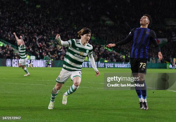 Kyogo Furuhashi of Celtic celebrates after he scores his team's second goal during the Cinch Scottish Premiership match between Celtic FC and Heart...