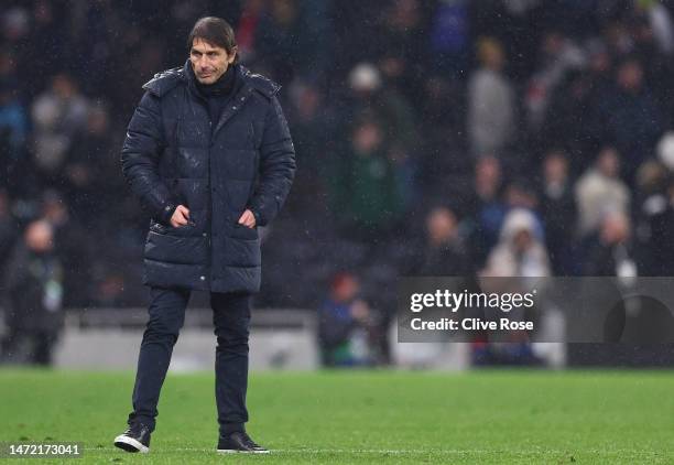 Antonio Conte, Manager of Tottenham Hotspur, looks dejected after the UEFA Champions League round of 16 leg two match between Tottenham Hotspur and...