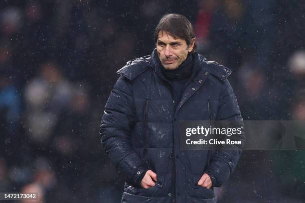 Antonio Conte, Manager of Tottenham Hotspur, looks dejected after the UEFA Champions League round of 16 leg two match between Tottenham Hotspur and...