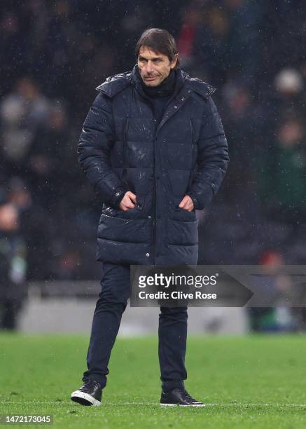 Antonio Conte, Manager of Tottenham Hotspur, looks dejected after the UEFA Champions League round of 16 leg two match between Tottenham Hotspur and...